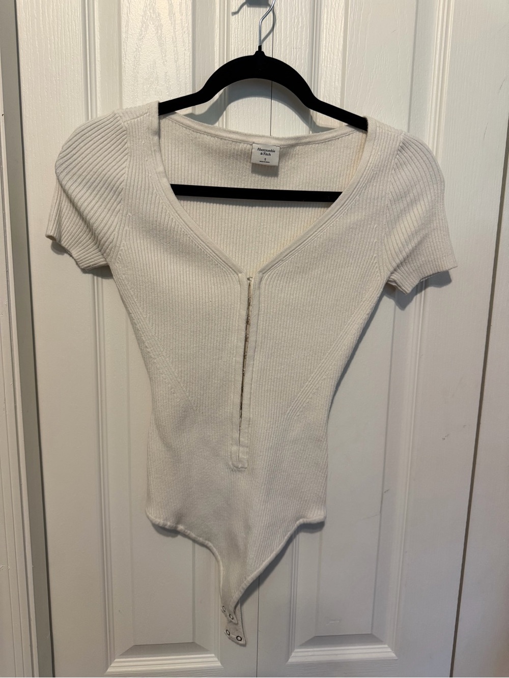 Abercrombie & Fitch Cream Ribbed Hook-Front Bodysuit